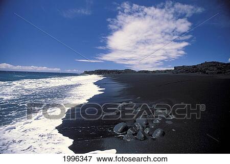 Stock Photo - Hawaii, Big Island, New Black Sand Beach At Kaimu Near Kalapana. Fotosearch