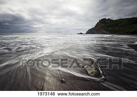 Hawaii, Big Island, North Kohala, Pololu, Black Sand Beach. View Large Photo Image Stock Photo - Hawaii, Big Island, North Kohala, Pololu, Black Sand Beach.. Fotosearch