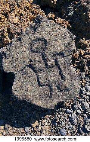 Stock Image - Hawaii, Big Island, Puako Petroglyphs, Closeup Of Man On Single Rock. Fotosearch