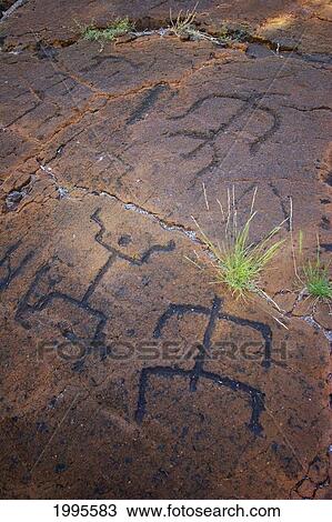 Stock Image - Hawaii, Big Island, Puako Petroglyphs, Closeup Of Carving. Fotosearch