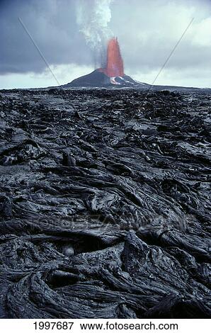 Hawaii, Big Island, Pu'u O'o Eruption, Pahoehoe Lava In Foreground, Fountain Background A27F View Large Photo Image Stock Photo - Hawaii, Big Island, Pu'u O'o Eruption, Pahoehoe Lava In Foreground, Fountain Background A27F. Fotosearch