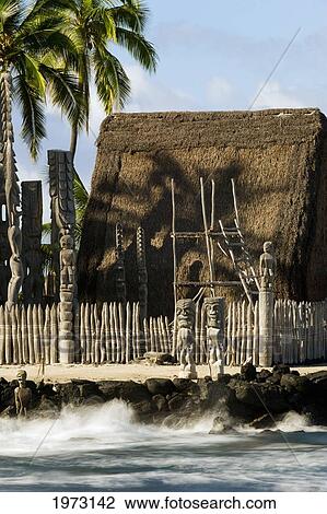 Stock Image - Hawaii, Big Island, Pu'uhonua O Honaunau, Honaunau Bay And Hale O Keawe Heiau. Fotosearch