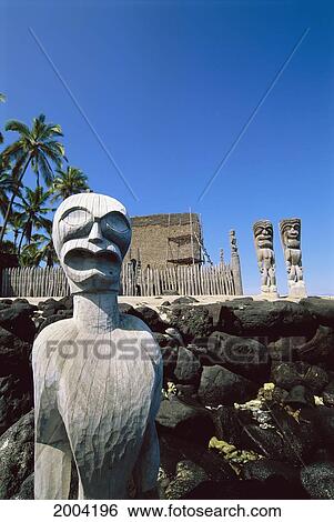 Hawaii, Big Island, Puuhonua O Honaunau, Wooden Statue Ki'i At Hale O Keawe Heiau View Large Photo Image Stock Photograph - Hawaii, Big Island, Puuhonua O Honaunau, Wooden Statue Ki'i At Hale O Keawe Heiau. Fotosearch