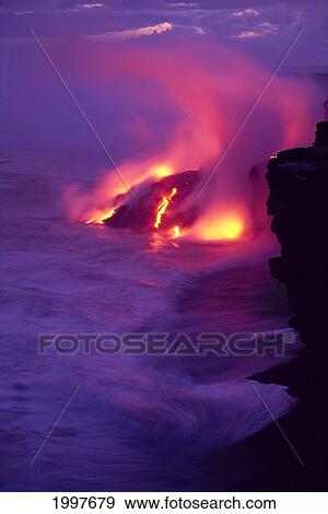 Stock Photo - Hawaii, Big Island, Volcano Lava Meets The Sea, Steam Rising, Twilight A28E. Fotosearch