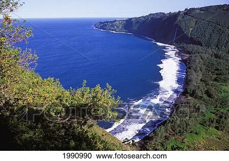 Hawaii, Big Island, Waipio Valley, Black Sand Beach From Waimanua Valley Trail View Large Photo Image Stock Image - Hawaii, Big Island, Waipio Valley, Black Sand Beach From Waimanua Valley Trail. Fotosearch