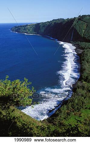 Stock Photo - Hawaii, Big Island, Waipio Valley, Black Sand Beach From Waimanua Valley Trail. Fotosearch
