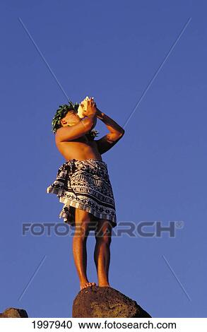 Hawaii, Conch Shell Blower On Rock With Deep Blue Sky In Background View Large Photo Image Stock Image - Hawaii, Conch Shell Blower On Rock With Deep Blue Sky In Background. Fotosearch