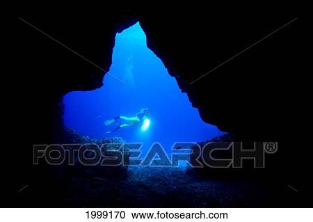 Hawaii, Diver At Cavern Entrance B1319 View Large Photo Image Stock Image - Hawaii, Diver At Cavern Entrance B1319. Fotosearch