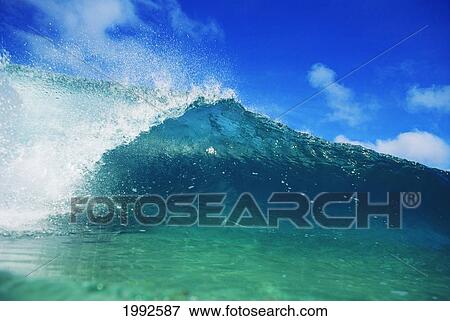 Hawaii, Glassy Green Wave, View From Front Of Half Curl, Blue Sky In Background. View Large Photo Image Stock Photo - Hawaii, Glassy Green Wave, View From Front Of Half Curl, Blue Sky In Background.. Fotosearch