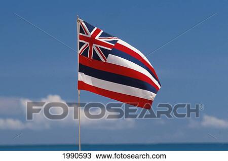 Hawaii, Hawaiian Flag, Blue Sky And Clouds, Ocean And Horizon In Foreground View Large Photo Image Stock Image - Hawaii, Hawaiian Flag, Blue Sky And Clouds, Ocean And Horizon In Foreground. Fotosearch