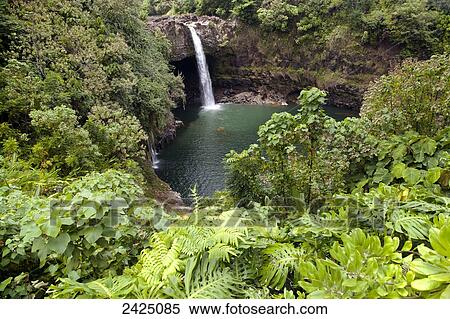 Stock Photography - Hawaii, Hilo, Rainbow Falls surrounded by lush greenery.. Fotosearch