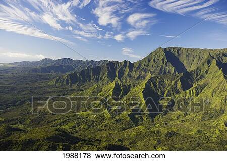 Stock Photo - Hawaii, Kauai, Aerial Scenic Of Lush Mountains, Valleys, Ridges, Plateaus.. Fotosearch