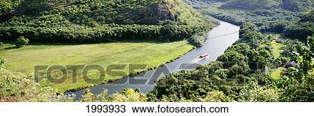 Stock Image - Hawaii, Kauai, Aerial View Of Wailua River With Tour Boat, Greenery, Panoramic. Fotosearch