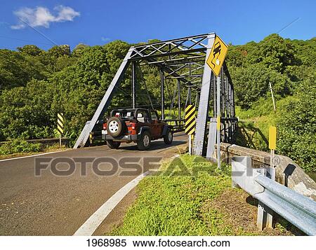 Stock Photography - Hawaii, Kauai, Bridge Over Hanalei River To Hanalei Town, Jeep Crossing Over.. Fotosearch