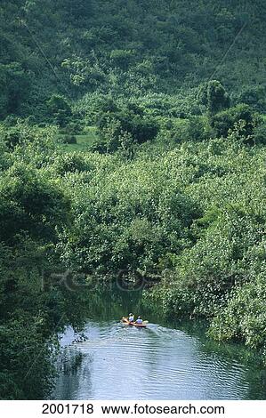 Stock Photo - Hawaii, Kauai, Couple Kayak Along Kahiliwai River, View From Distance, Behind. Fotosearch
