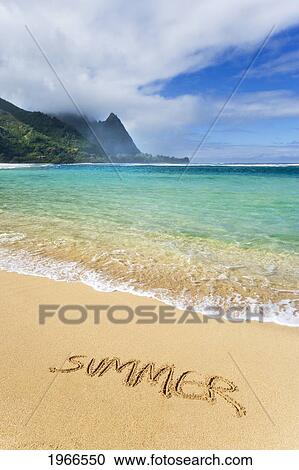 Hawaii, Kauai, Haena Beach Tunnels Beach, The Word Summer Drawn In Sand. View Large Photo Image Stock Image - Hawaii, Kauai, Haena Beach Tunnels Beach, The Word Summer Drawn In Sand.. Fotosearch