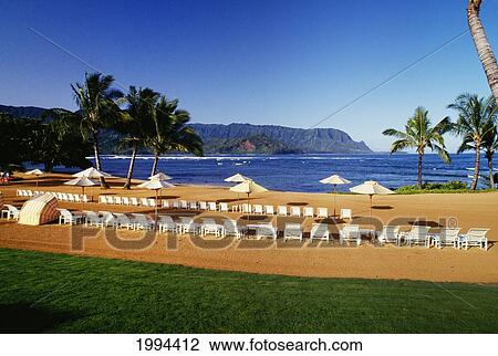 Hawaii, Kauai, Hanalei, Bali Hai, Princeville Hotel Beach With Lounge Chairs And Umbrellas View Large Photo Image Stock Image - Hawaii, Kauai, Hanalei, Bali Hai, Princeville Hotel Beach With Lounge Chairs And Umbrellas. Fotosearch