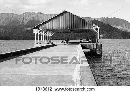Hawaii, Kauai, Hanalei Bay And Pier At Sunset, Black And White. View Large Photo Image Stock Image - Hawaii, Kauai, Hanalei Bay And Pier At Sunset, Black And White.. Fotosearch