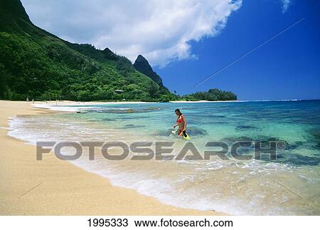 Hawaii, Kauai, Hanalei Bay, Bali Hai Beach, Woman In Water With Snorkel Gear View Large Photo Image Stock Image - Hawaii, Kauai, Hanalei Bay, Bali Hai Beach, Woman In Water With Snorkel Gear. Fotosearch