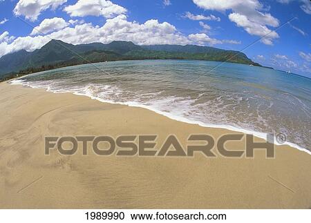 Stock Image - Hawaii, Kauai, Hanalei Bay With Beautiful Calm Ocean, Fisheye Lens. Fotosearch