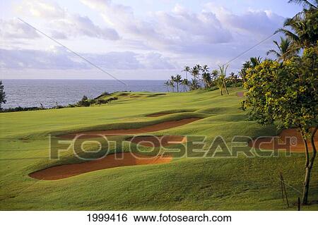 Hawaii, Kauai, Kielei Golf Course 12Th Hole With Ocean View, Shadows In Sand Traps C1278 View Large Photo Image Stock Photograph - Hawaii, Kauai, Kielei Golf Course 12Th Hole With Ocean View, Shadows In Sand Traps C1278. Fotosearch