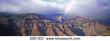Stock Image - Hawaii, Kauai, Koke'e Park Waimea Canyon Slight Rainbow Through Clouds Panoramic View. Fotosearch