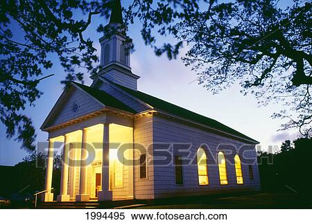 Hawaii, Kauai, Koloa Church Exterior View Illuminated At Twilight, Branches Overhang Purple Sky View Large Photo Image Stock Photography - Hawaii, Kauai, Koloa Church Exterior View Illuminated At Twilight, Branches Overhang Purple Sky. Fotosearch