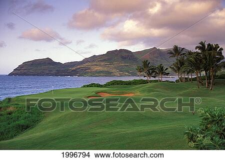 Picture - Hawaii, Kauai, Lihue, Kauai Lagoons Resort, Kiele Golf Course, View Of Ocean And Mountain. Fotosearch