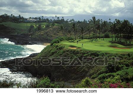 Stock Image - Hawaii, Kauai, Lihue, Kauai Lagoons Resort, Kiele Golf Course, View Of Coastline. Fotosearch