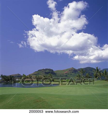 Stock Image - Hawaii, Kauai, Lihue, Kauai Lagoons Resort, Kiele Golf Course, 17Th Hole, Water Hazard Background Landscape Blue Sky With Large White Cloud D1314. Fotosearch