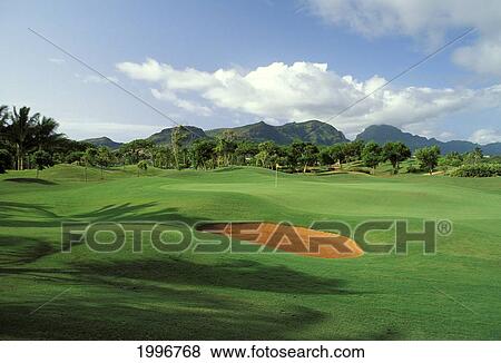 Hawaii, Kauai, Lihue, Kauai Lagoons Resort, Kiele Golf Course, Sand Trap, Shadows, Palms View Large Photo Image Stock Photo - Hawaii, Kauai, Lihue, Kauai Lagoons Resort, Kiele Golf Course, Sand Trap, Shadows, Palms. Fotosearch