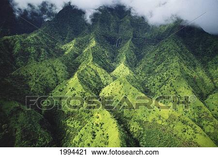Stock Image - Hawaii, Kauai, Makalena Mountains, Lush Aerial View Of Mountain Ridges. Fotosearch