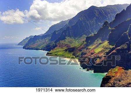 Hawaii, Kauai, Na Pali Coast, Aerial Of Coastal Cliffs And Kalalau Beach. View Large Photo Image Picture - Hawaii, Kauai, Na Pali Coast, Aerial Of Coastal Cliffs And Kalalau Beach.. Fotosearch