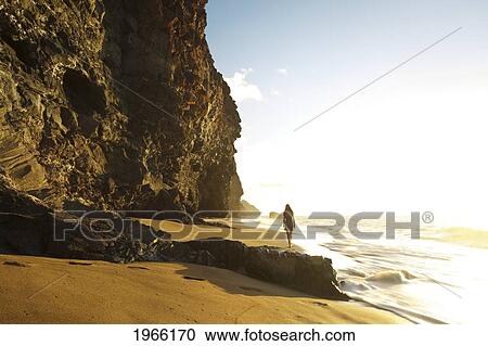 Hawaii, Kauai, Na Pali Coast, Evening Light Over Kalalau Beach, Woman Walking Along Shoreline. View Large Photo Image Stock Image - Hawaii, Kauai, Na Pali Coast, Evening Light Over Kalalau Beach, Woman Walking Along Shoreline.. Fotosearch