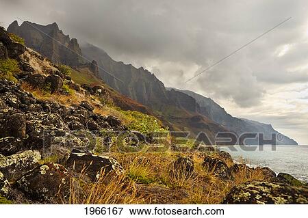 Stock Photo - Hawaii, Kauai, Na Pali Coast, Kalalau Coastline And Mountain Ridges.. Fotosearch