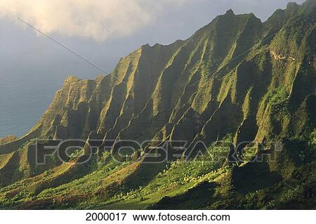 Stock Photo - Hawaii, Kauai, Na Pali Coast, Kalalau Valley, Detail Of Green Cliff Side C1545. Fotosearch
