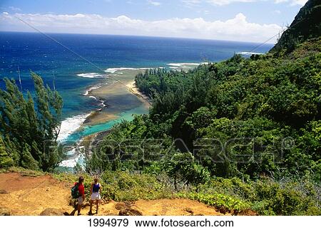 Hawaii, Kauai, Na Pali Coast, Ke'e Beach, Couple On Trail Overlooking Ocean View Large Photo Image Stock Photo - Hawaii, Kauai, Na Pali Coast, Ke'e Beach, Couple On Trail Overlooking Ocean. Fotosearch