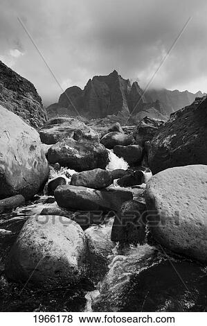 Hawaii, Kauai, Na Pali Coast, Landscape Of Kalalau Stream And Mountain Ridges, Black And White Photograph. View Large Photo Image Stock Photo - Hawaii, Kauai, Na Pali Coast, Landscape Of Kalalau Stream And Mountain Ridges, Black And White Photograph.. Fotosearch