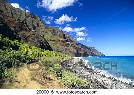 Hawaii, Kauai, Na Pali Coast, Scenic Coastline, Beach, Boat In Ocean, Blue Skies C1541 View Large Photo Image Stock Photograph - Hawaii, Kauai, Na Pali Coast, Scenic Coastline, Beach, Boat In Ocean, Blue Skies C1541. Fotosearch