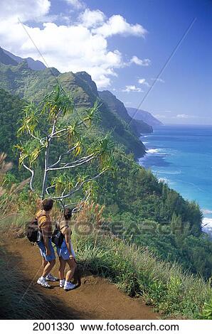 Hawaii, Kauai, Na Pali Coast State Park Couple On Trail Overlook Coastline Scenic Hiking. For Editorial Use Only. View Large Photo Image Stock Image - Hawaii, Kauai, Na Pali Coast State Park Couple On Trail Overlook Coastline Scenic Hiking. For Editorial Use Only.. Fotosearch