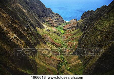 Stock Image - Hawaii, Kauai, Na Pali Coast State Park, Overlooking Awa'awapuhi Valley, Aerial View.. Fotosearch