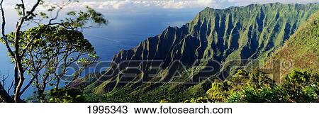 Stock Image - Hawaii, Kauai, Na Pali Coast, Overlooking Kalalau Valley. Fotosearch