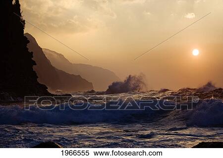 Hawaii, Kauai, Na Pali Coast, Sunset Along Ocean And Cliffs. View Large Photo Image Stock Photography - Hawaii, Kauai, Na Pali Coast, Sunset Along Ocean And Cliffs.. Fotosearch