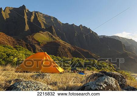 Hawaii, Kauai, Na Pali Coast, View of the Kalalau Mountains, Campsite and tent. View Large Photo Image Stock Image - Hawaii, Kauai, Na Pali Coast, View of the Kalalau Mountains, Campsite and tent.. Fotosearch