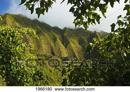 Stock Image - Hawaii, Kauai, Na Pali Coast, Waterfall From Mountain Ridges Along Na Pali Coast Trail.. Fotosearch