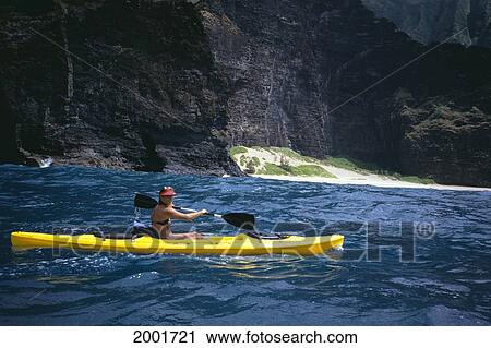 Hawaii, Kauai, Na Pali Coast, Woman Ocean Kayaking Along Cliffs, Secluded Beach Background View Large Photo Image Stock Image - Hawaii, Kauai, Na Pali Coast, Woman Ocean Kayaking Along Cliffs, Secluded Beach Background. Fotosearch