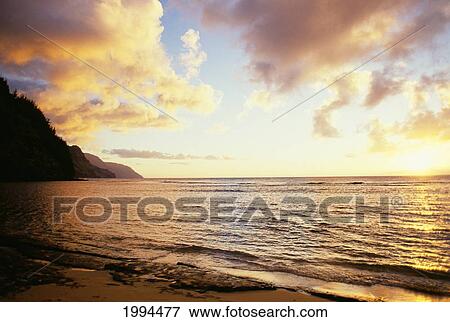 Hawaii, Kauai, Na Pali Coastline, Ke'e Beach At Sunset View Large Photo Image Stock Photo - Hawaii, Kauai, Na Pali Coastline, Ke'e Beach At Sunset. Fotosearch