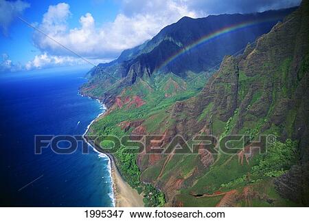 Stock Photo - Hawaii, Kauai, Napali Coast, Aerial Of Coastal Cliffs With Rainbow. Fotosearch