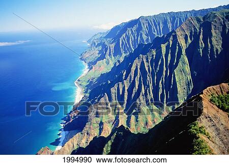 Stock Image - Hawaii, Kauai, Napali Coast Aerial Along Cliff, Mountains With Jagged Cliffs. Fotosearch