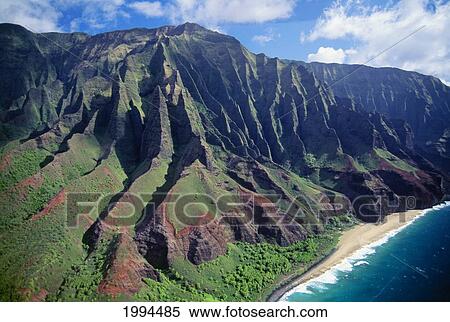 Hawaii, Kauai, Napali Coast Aerial Along Cliff, Mountains With Jagged Cliffs, Secluded Beach View Large Photo Image Stock Photography - Hawaii, Kauai, Napali Coast Aerial Along Cliff, Mountains With Jagged Cliffs, Secluded Beach. Fotosearch